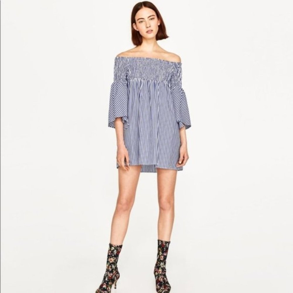 Zara Striped Off The Shoulder Smocked Dress